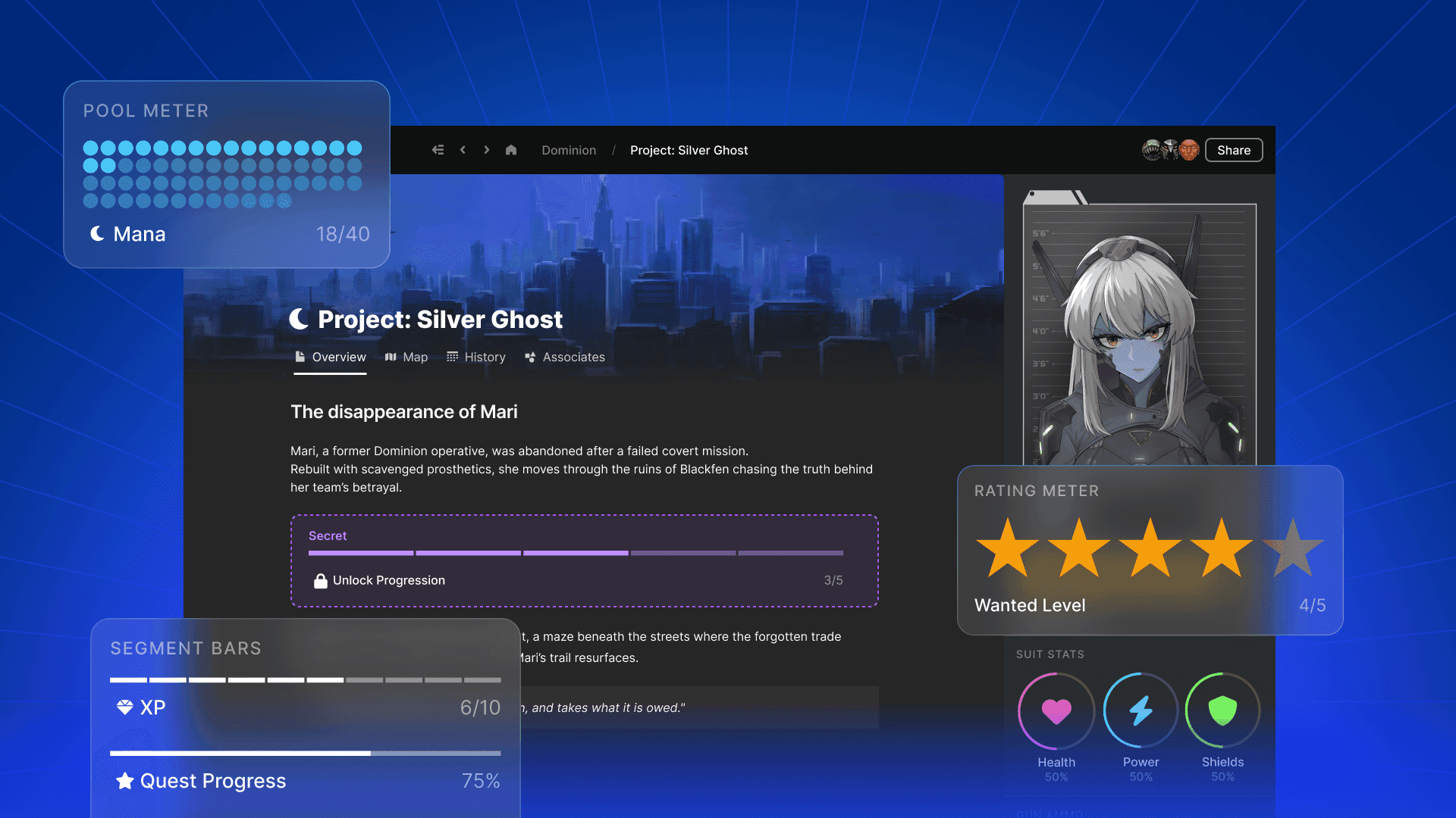 With LegendKeeper’s RPG meters, you can track everything from character stats to dungeon progress
